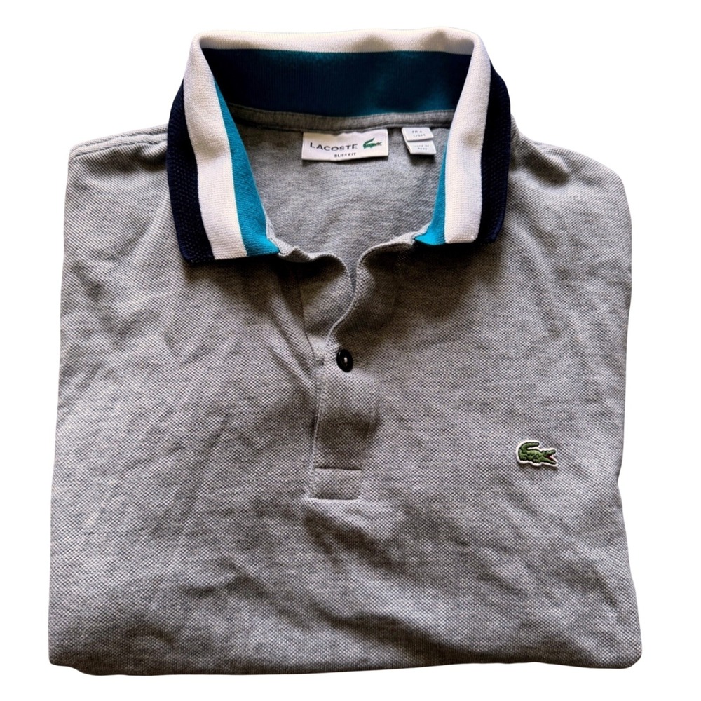 Lacoste Slim Fit Gray Pique Polo Shirt Mens US Medium FR 4 Teal Navy Striped